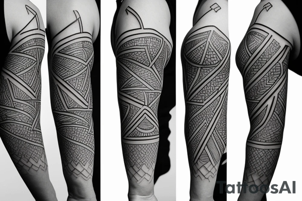 A geometric representation of 5 birds and 5 chevrons with other geometric shapes to design a n upper arm half sleeve tattoo idea