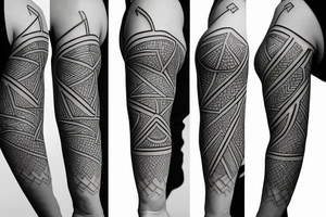 A geometric representation of 5 birds and 5 chevrons with other geometric shapes to design a n upper arm half sleeve tattoo idea