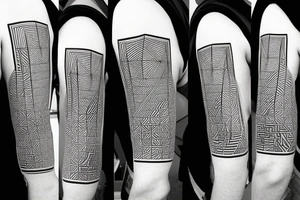 A geometric representation of 5 birds and 5 chevrons with other geometric shapes to design a n upper arm half sleeve tattoo idea