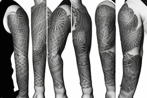 A geometric  upper arm half sleeve with 5 birds tattoo idea