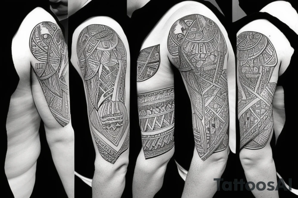 A geometric  upper arm half sleeve with 5 birds tattoo idea