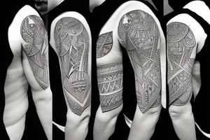 A geometric  upper arm half sleeve with 5 birds tattoo idea