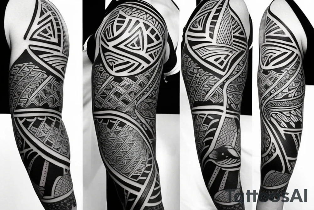 A geometric  upper arm half sleeve with 5 birds tattoo idea