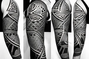 A geometric  upper arm half sleeve with 5 birds tattoo idea