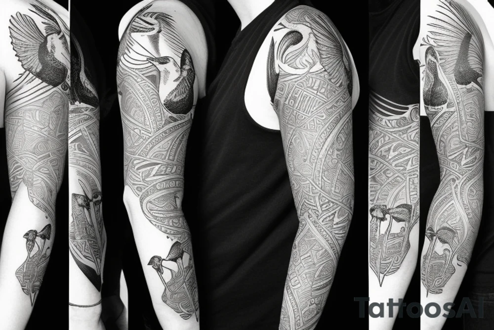 An  upper arm half sleeve with 5 birds tattoo idea