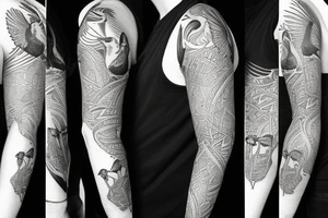 An  upper arm half sleeve with 5 birds tattoo idea