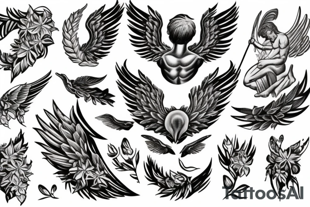 Greek God with angel wings surrounded by flowers tattoo idea