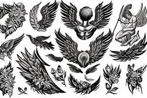 Greek God with angel wings surrounded by flowers tattoo idea