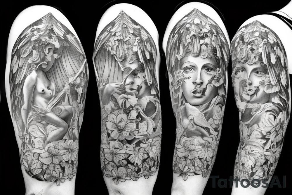 Greek God with angel wings surrounded by flowers tattoo idea