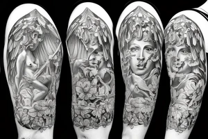 Greek God with angel wings surrounded by flowers tattoo idea