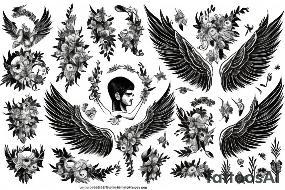 Greek God with angel wings surrounded by flowers tattoo idea