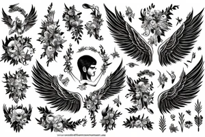 Greek God with angel wings surrounded by flowers tattoo idea