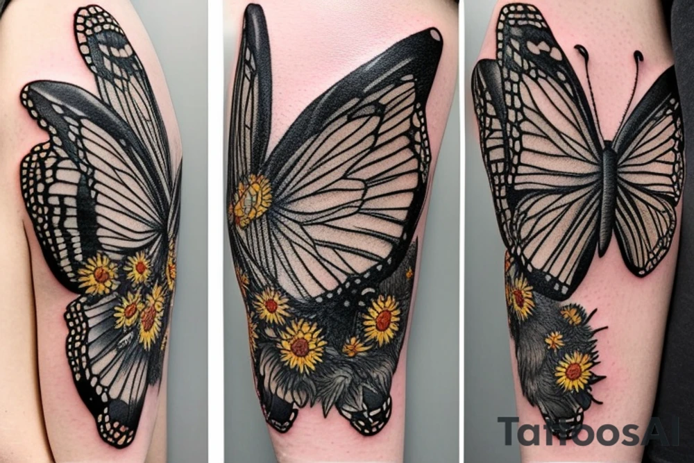 A large butterfly centered between patches of sunflowers with bees flying around tattoo idea