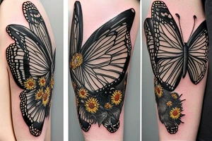 A large butterfly centered between patches of sunflowers with bees flying around tattoo idea