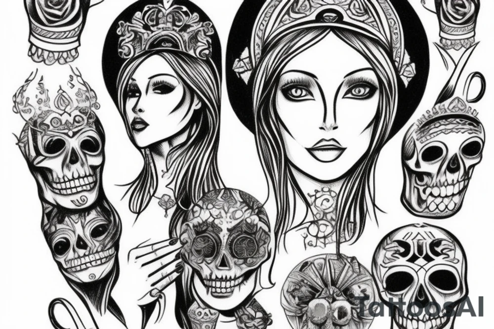 Slavic goddess Mara holding a skull in her hands tattoo idea