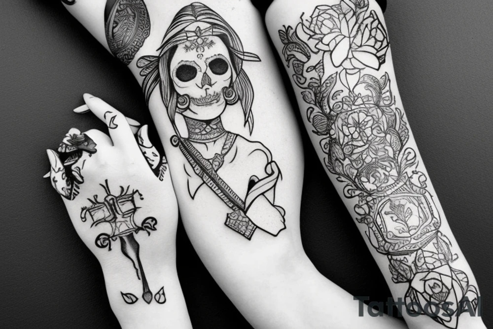 Slavic goddess Mara holding a skull in her hands tattoo idea