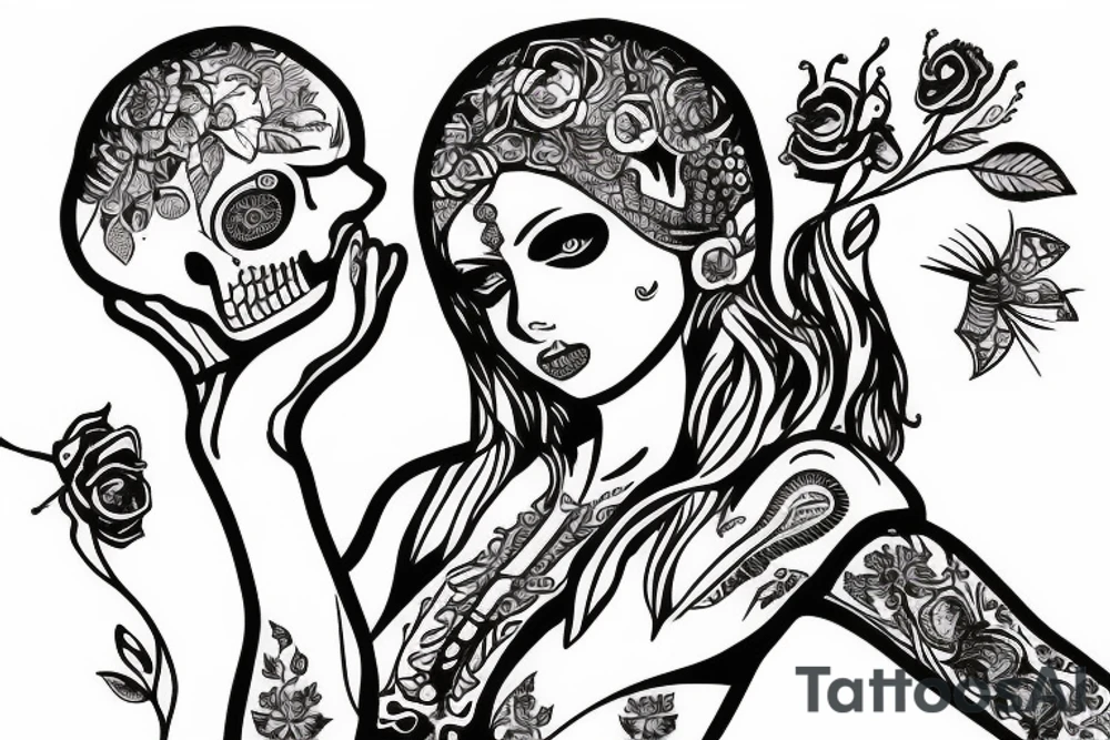 Slavic goddess Mara holding a skull in her hands tattoo idea