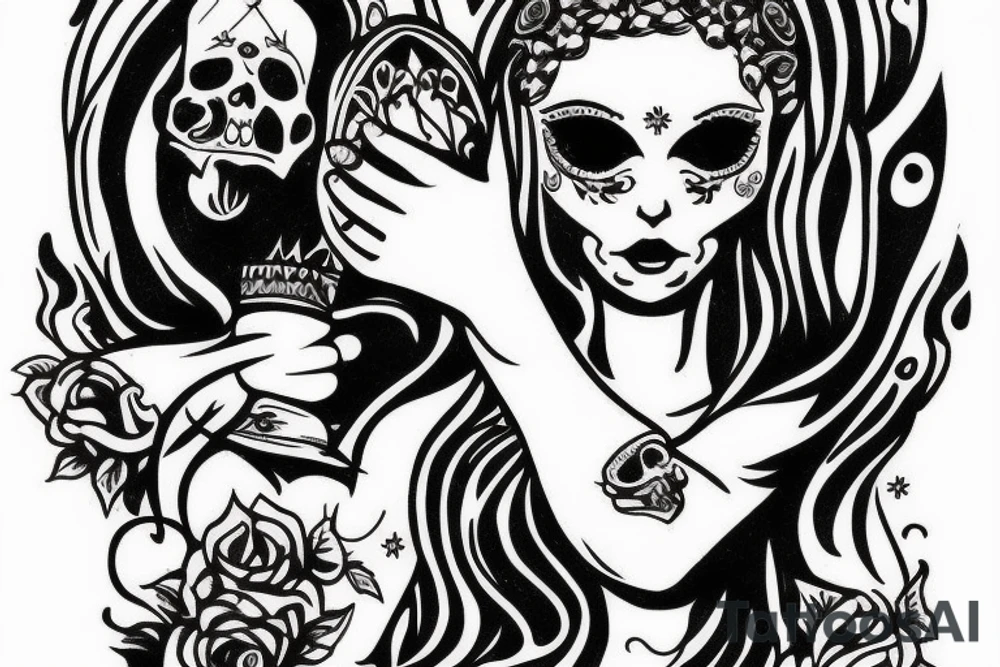 Slavic goddess Mara holding a skull in her hands tattoo idea
