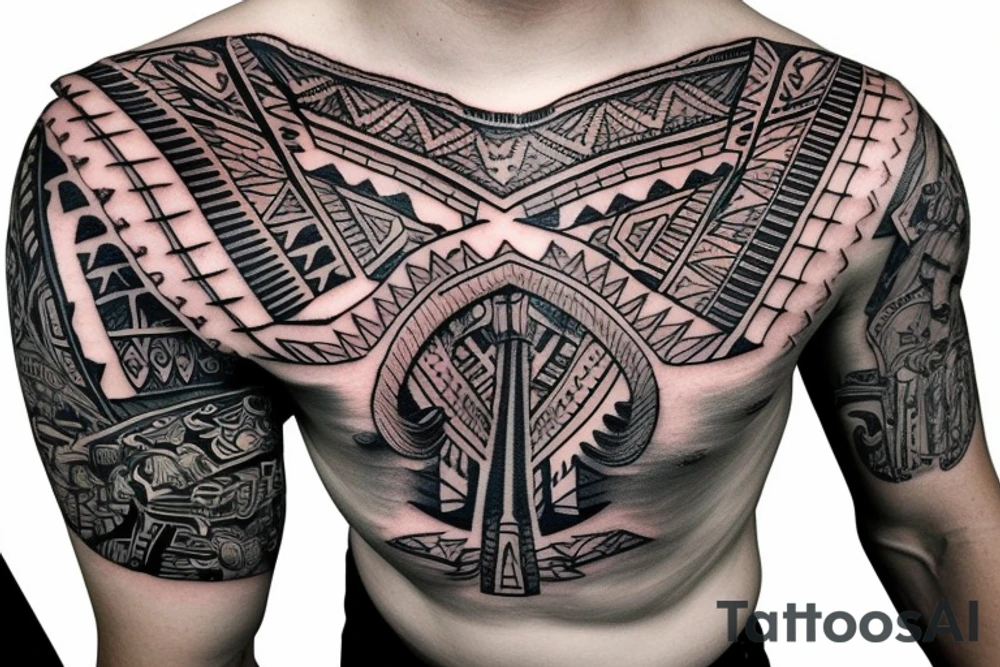 Aztec ruins with full shoulder 3D effect tattoo idea