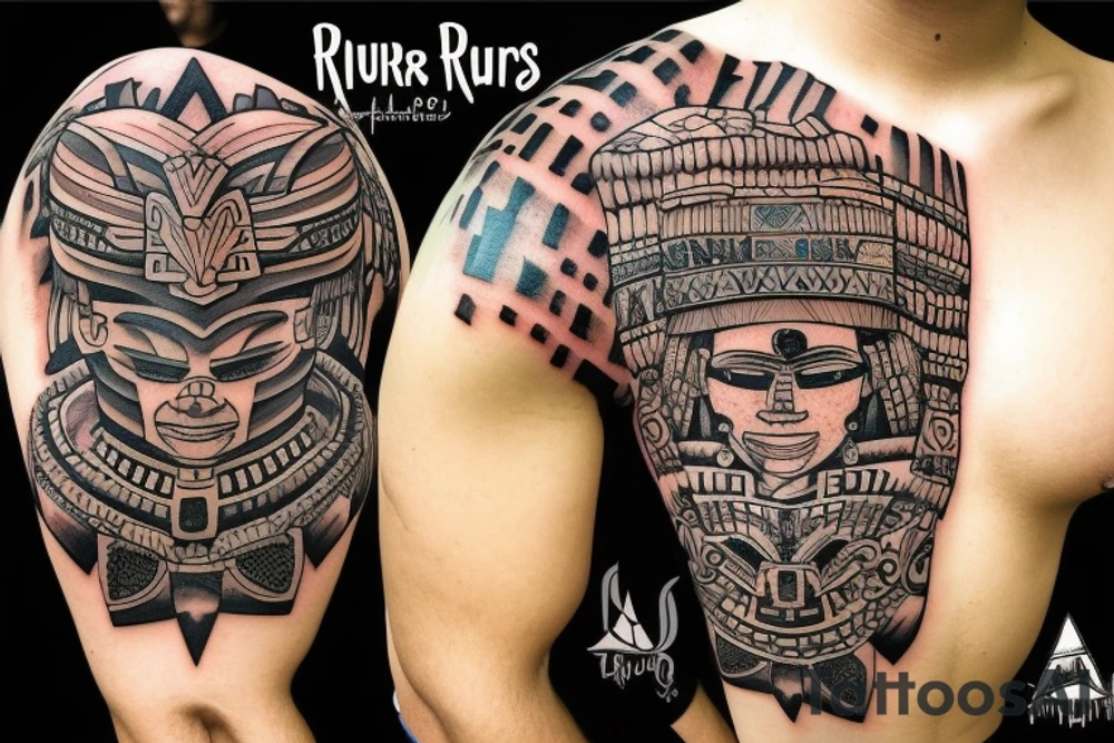 Aztec ruins with full shoulder 3D effect tattoo idea