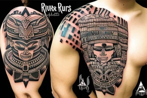 Aztec ruins with full shoulder 3D effect tattoo idea