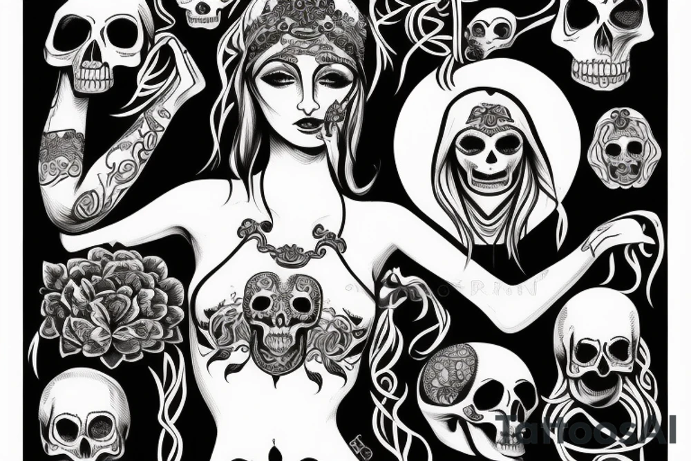 Slavic goddess Mara holding a skull in her hands tattoo idea