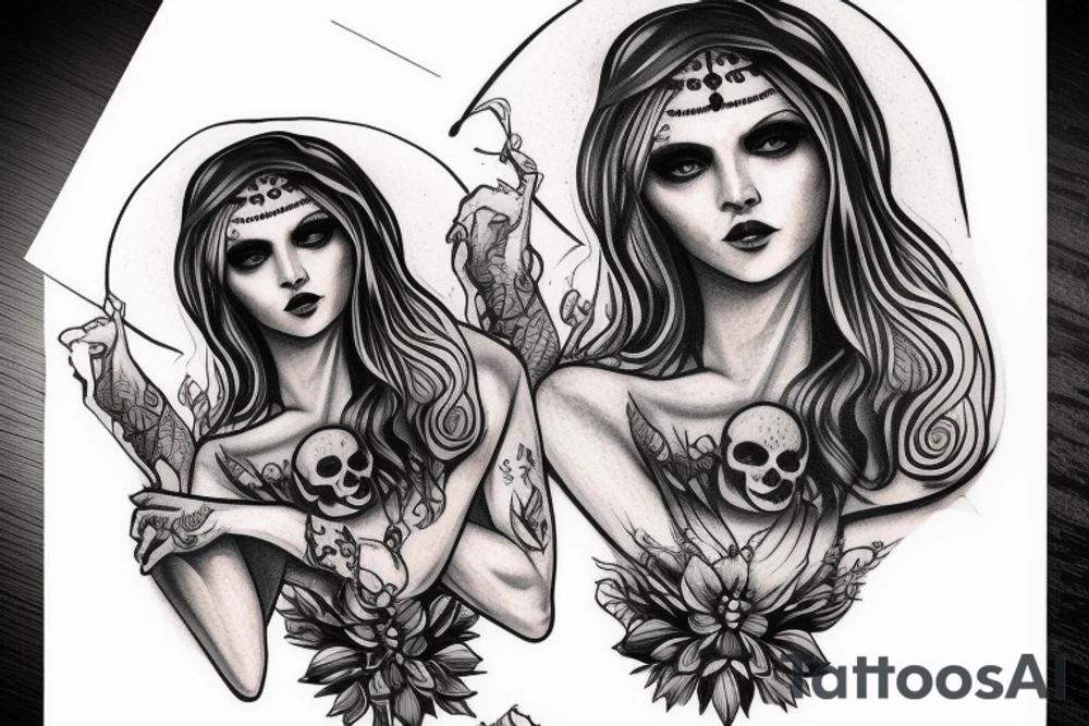 Slavic goddess Mara holding a skull in her hands tattoo idea