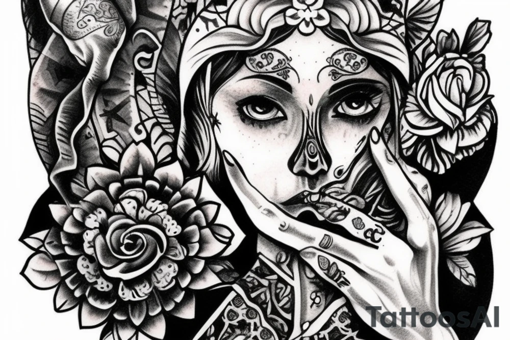 Slavic goddess Mara holding a skull in her hands tattoo idea