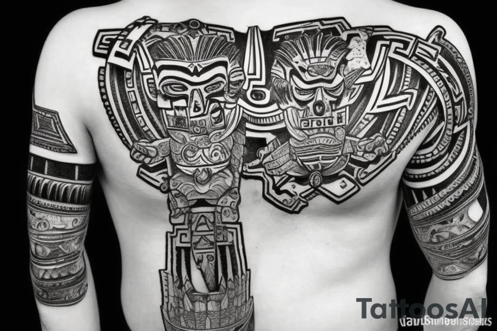 realistic Aztec ruins with full shoulder 3D effect tattoo idea