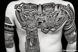 realistic Aztec ruins with full shoulder 3D effect tattoo idea