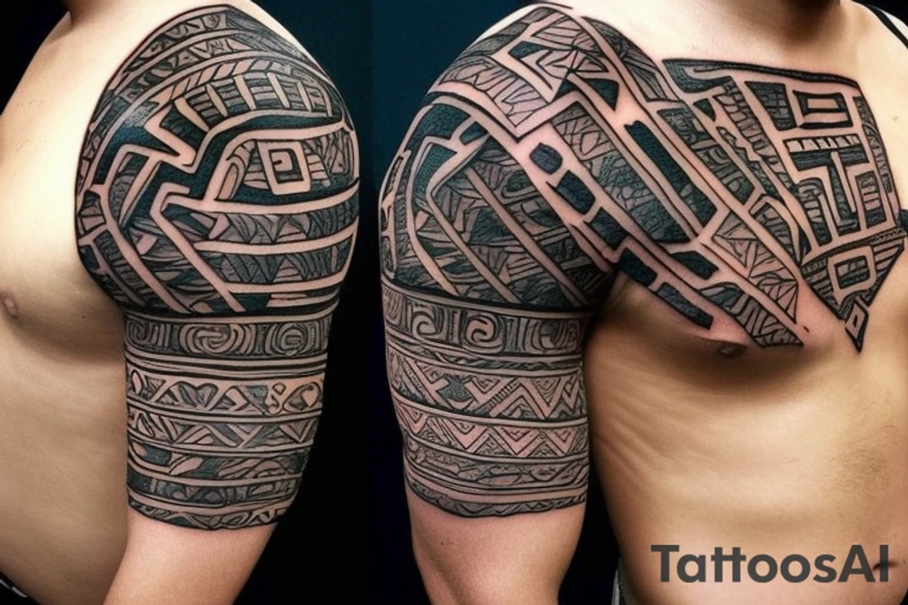 realistic Aztec ruins with full shoulder 3D effect tattoo idea