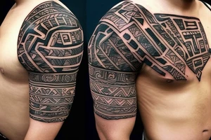 realistic Aztec ruins with full shoulder 3D effect tattoo idea