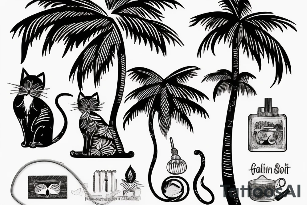 cat smokes hookah under a palm tree with coconut tattoo idea