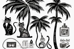 cat smokes hookah under a palm tree with coconut tattoo idea