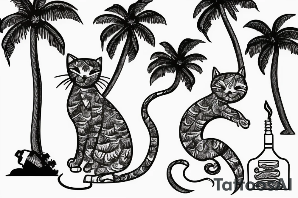 cat smokes hookah under a palm tree with coconut tattoo idea