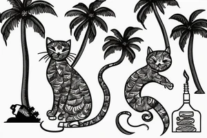 cat smokes hookah under a palm tree with coconut tattoo idea