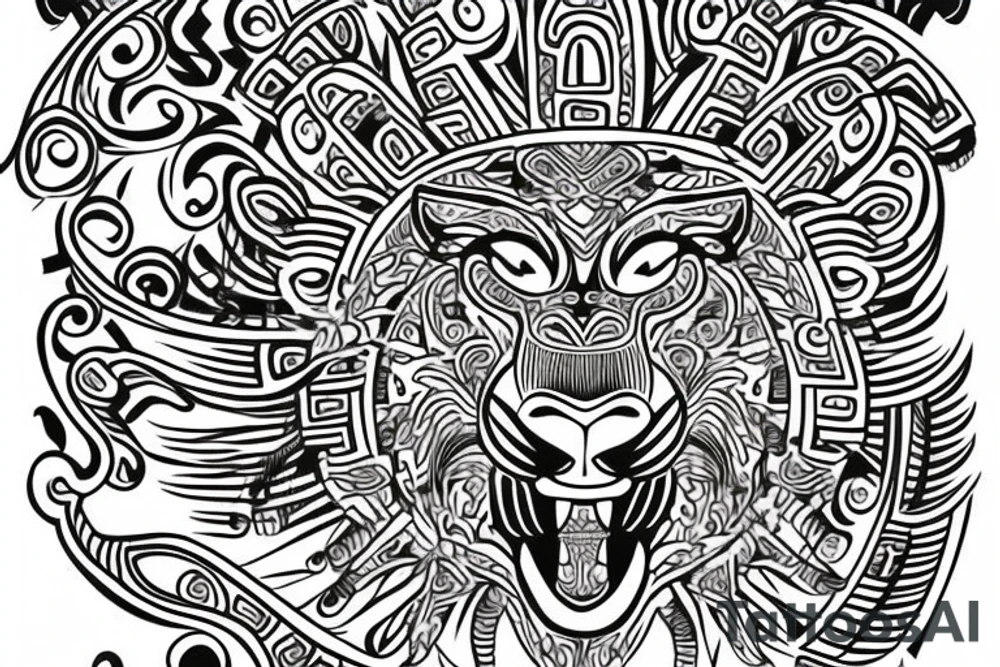 Lion in Mayan style tattoo idea