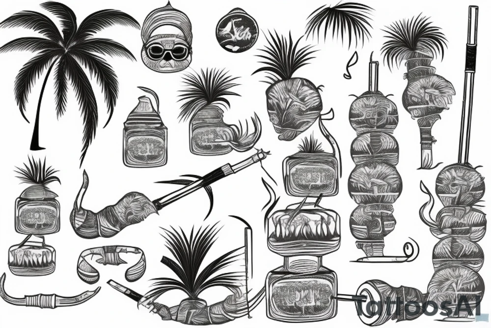 cat smokes hookah under a palm tree with coconut tattoo idea