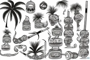 cat smokes hookah under a palm tree with coconut tattoo idea