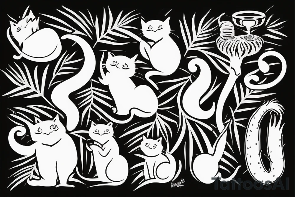 cat smokes hookah under a palm tree with coconut tattoo idea
