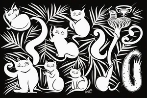 cat smokes hookah under a palm tree with coconut tattoo idea