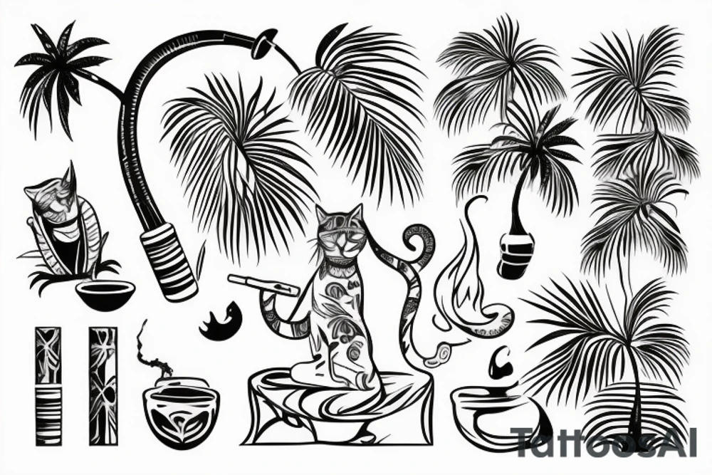 cat smokes hookah under a palm tree with coconut tattoo idea