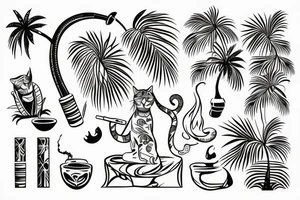 cat smokes hookah under a palm tree with coconut tattoo idea