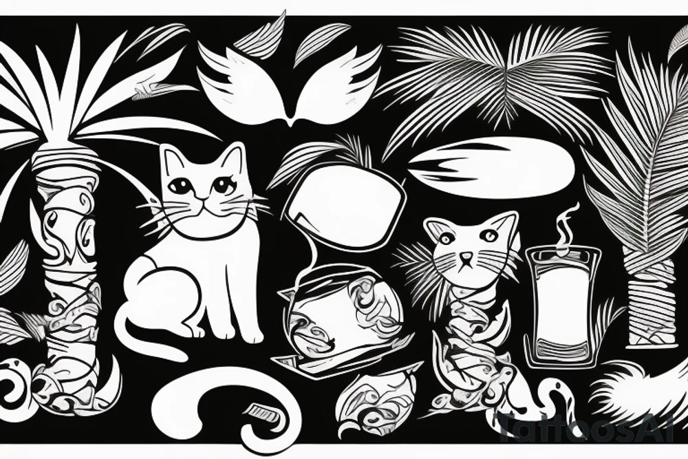 cat smokes hookah under a palm tree with coconut tattoo idea