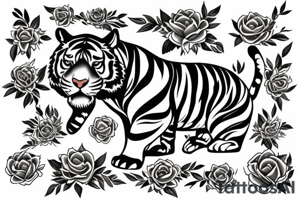 Tiger in the shield of the flowers tattoo idea