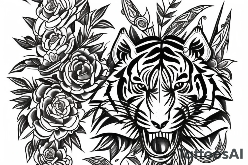 Tiger in the shield of the flowers tattoo idea