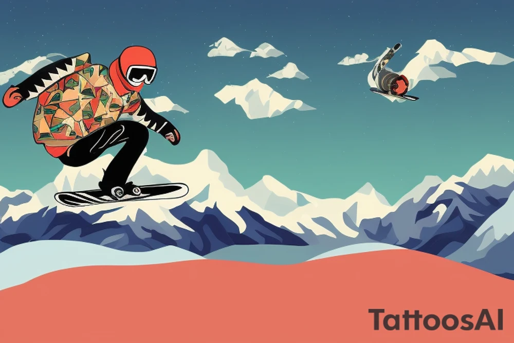 snowboarder takes off on a snowboard from the mountain, beautiful views tattoo idea