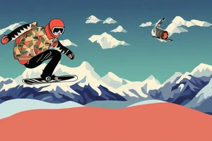 snowboarder takes off on a snowboard from the mountain, beautiful views tattoo idea