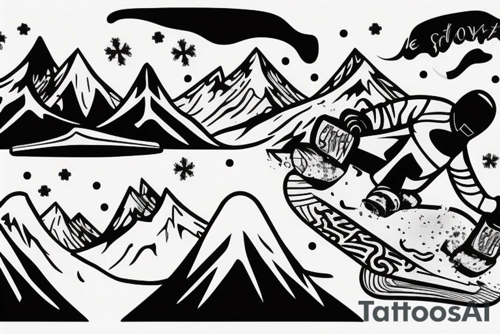 snowboarder takes off on a snowboard from the mountain, beautiful views tattoo idea