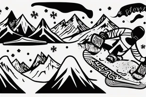 snowboarder takes off on a snowboard from the mountain, beautiful views tattoo idea